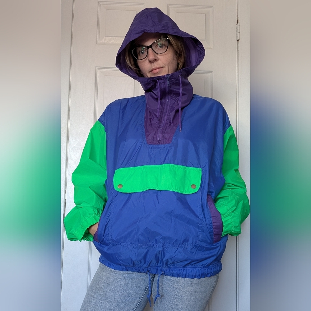 Vintage Badge Windbreaker, Neon Green, Blue, & Purple Hooded Half- Zip, Size L - Picture 4 of 14